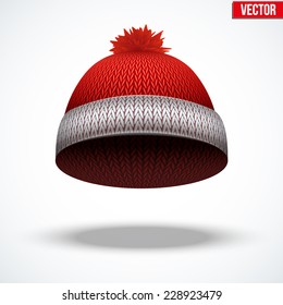 Knitted woolen red cap. Winter seasonal blue hat. Vector illustration isolated on white background.