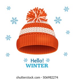 Knitted Woolen Red Hat For Children, Winter Season Card. Vector Illustration Of Ski Snowboarding Cap 