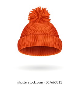 Knitted Woolen Red Hat for Winter Season. Vector illustration of ski snowboarding cap 