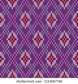 Knitted woolen seamless jacquard ornament. Claret rhombuses in the amethyst field