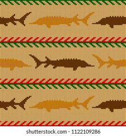 Knitted woolen seamless pattern with sturgeons in vintage beige tones