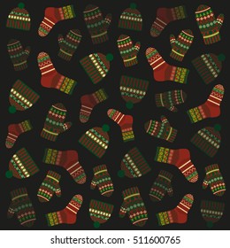 knitted woolen socks and caps with abstract pattern on a black background