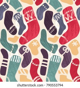 Knitted woolen socks seamless pattern. Retro doodle style. Hand-drawing winter themed background for seasonal greeting cards or gifts wrapping paper