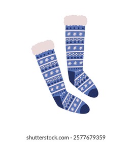 Knitted woolen socks with snowflake pattern. Warm cozy festive winter accessory, long high stockings pair for cold weather. Soft knitwear. Flat vector illustration isolated on white background