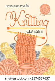 Knitted workshop poster. Handcraft hobby classes. Invitational banner. Needles knitted with woolen threads. Handmade craft courses. Crochet yarn. Handiwork studio