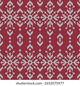A knitted or woven fabric pattern that has a cross-stitch pattern, using the main color of dark red as the background and white patterns as the front pattern. A warm, handcrafted feeling, suitable for