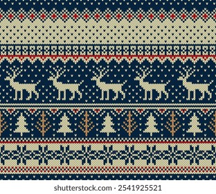 Xmas de malha textura suéter padrão sem costura. Com renas, árvores de Natal, ornamentos. Feriado de inverno tradicional padrão de tricô ilustração vetorial.