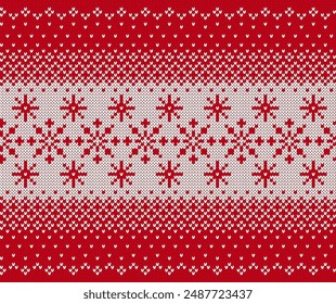 Knitted Xmas sweater texture with snowflakes. Christmas seamless background. Festive print. Knit winter red pattern. Holiday fair traditional ornament. Vector illustration.