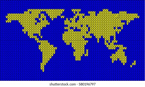 Knitted Yellow Map of the World Isolated on Blue Background. Vector Illustration