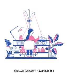 Knitter is using knitting machine. Woman creates knitted fabric at home. Vector illustration for banner in social networks or marketing