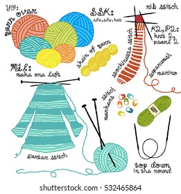 Knitter's Tools and Accessories, including balls of yarn, stitch markers and knitting needles