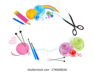 Knitting accessories: balls of wool yarn, set of knitting needles, scissors,  hooks and other knit tools on white background. Colorful rainbow yarn for knitting. Long banner, top view, copy space.