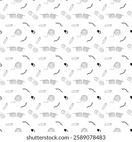Knitting accessories. Doodle style. Seamless pattern.