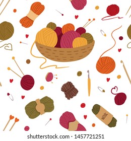 Knitting accessories, seamless pattern. Basket with yarn balls, skeins. Handcraft needles, crochets, pincushions. 