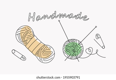 Knitting Accessoires - Fäden, Stricknadeln, Pins. Text handgefertigt. Doodle-Stil, Vektorgrafik. Einziger Hintergrund.
