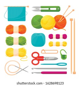 Knitting accessories, yarn vector realistic illustrations set. Needlework, hobby, craftsmanship. Knitting needles, scissors and thread balls collection isolated on transparent background