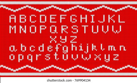 Knitting Alphabet Texture. Winter Sweater Holiday Design. Knit Background With Alphabet. Vector Illustration.