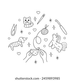 Knitting amigurumi, knitted toys and tools. Doodle outline vector black and white illustration.