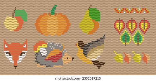 Herbstelemente und Ziergegenstände streichen. Muster der Herbstblätter, Apfel, Birne, Kürbis, Fuchsmuschel, Igel, Vogel. Vektorgrafik