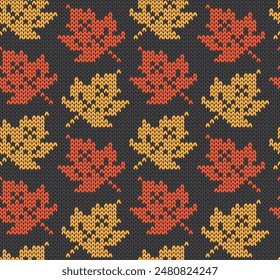 Knitting autumn seamless pattern from orange and gold Maple leaves. Vector illustration.