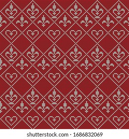 Knitting background with crowns, royal lilies, hearts. White pattern on a red background. Vector pattern