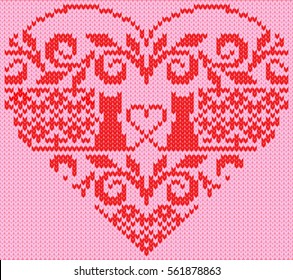 Knitting background. Red heart on a pink background. Heart in the form of abstraction