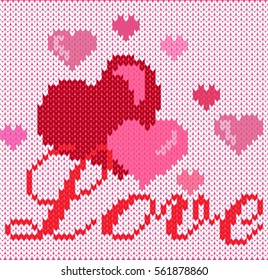 Knitting background. Red hearts on the inscription I love you. Valentine's Day. Hand Made.