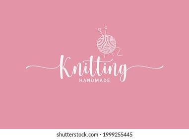 Knitting ball logo. Knitting needles handmade on ping background