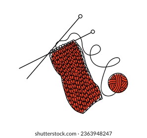 Knitting, knitting ball and knitting needles. Logo, vector illustration, doodle style drawing. Symbol of hobby, needlework, homework. The background is isolated.