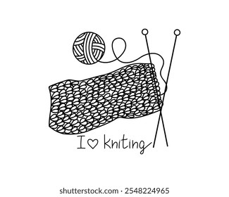 Strickball und Stricknadeln. Garnschlauch. Inschrift, Handschrift. Hobby, Handarbeit. Zeichnen, kritzeln. Handwerkssymbol, handgefertigt, einzeln auf Hintergrund.