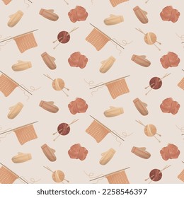Balas de punto de roscas, tejidos de punto y guantes. Elementos de afición. Ropa cálida, invierno acogedor. Ilustración vectorial aislada para afiches, banner, cubierta, tarjeta.Ilustración vectorial de un patrón sin soldadura