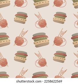 Knitting ball of threads, knitted sweaters. Hobby elements. Warm clothes, cozy winter. Isolated vector illustration for poster, banner, cover, card.Vector illustration of seamless pattern