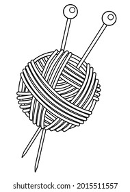 Knitting - Ball of Yarn With Needles Stuck In It. Clew and knitting needles - vector linear illustration for logo or coloring. Outline. Yarn for needlework