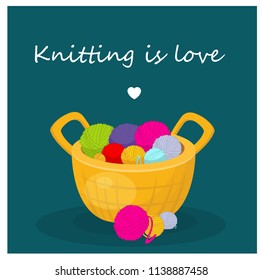 knitting, balls, basket, vector