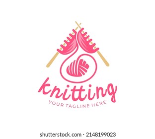 Knitting, balls of yarn for hand knitting and wooden needles, logo design. Crafts, hobbies, needlework, knit and knitting needles, vector design and illustration