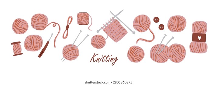 Knitting banner with yarn balls, knitting needles, crochet hook, embroidery threads, buttons and sewing supplies on white background. Cozy handmade craft illustration for knitting studio, hobby shop, DIY projects, original vector.