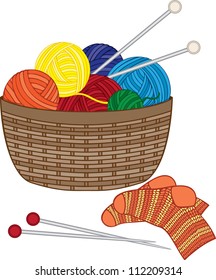 Knitting, basket with wool balls, needle and knitted socks
