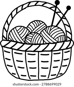 Knitting basket with yarn balls and needles hand drawn line art icon