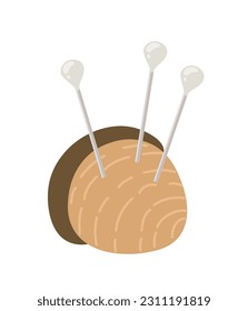Knitting beige ball with needles concept. Inventory and materials for clothes craft. Handicraft and homemade, needlework. Cartoon flat vector illustration isolated on white background