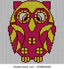 Knitting of big cartoon owl in yellow and pink hues on the white background, illustration for textile production
