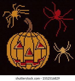 Knitting of big cartoon smiling pumpkin in orange color with three spiders on the black background, illustration for textile production