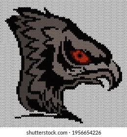 Knitting of big eagle's head in grey hues on white background, illustration for textile production