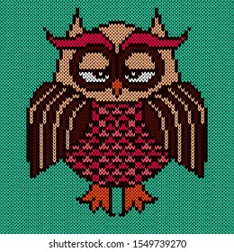 Knitting of big sleepy owl in brown, beige and pink colors on the turquoise background, illustration for textile production