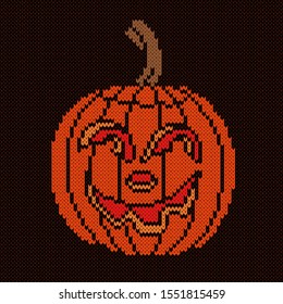 Knitting of big smiling pumpkin in orange color on the black background, illustration for textile production