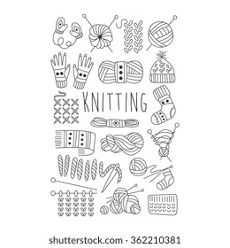 Knitting. Black and White Vector Handdrawn Collection.