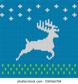Knitting blue background with deer. Norwegian ornament. All elements separate and editable. Vector template