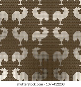 Knitting brown with roosters. Seamless pattern background. Decorative craft. Vector illustration.
