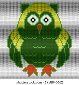 Knitting of cartoon amusing clever owl in green and yellow colors on the white background, illustration for textile production