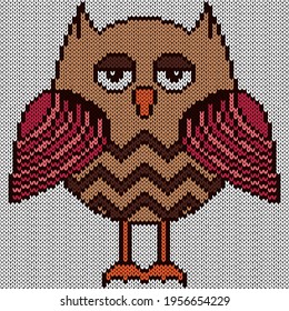 Knitting of cartoon amusing owl in pink and brown hues on the white background, illustration for textile production