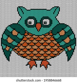Knitting of cartoon amusing owl in turquoise and orange hues, illustration for textile production